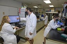 In the UArizona College of Pharmacy lab of James Galligan, PhD (standing center), where cellular metabolism is the primary area of inquiry. (Photo: Kris Hanning/University of Arizona Health Sciences)