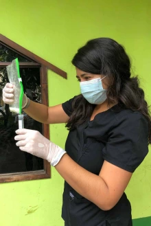 Researcher wearing mask and scrubs pours liquid from a ziplock bag into a test tube