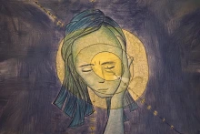 Abstract illustration of woman with migraine headache, consisting of frowning face with concentric brightening circles to signify pain