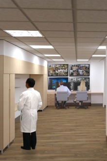 An architectural rendering shows the Center for Sleep and Circadian Sciences’ control room, where researchers will be able to monitor sleep suites without disturbing study participants.
