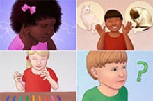 Art depicting four kids showing signs of autism: a girl covering her ears due to auditory sensitivity, a boy passionately talking about his favorite subject (cats), a girl lining up objects and finger flicking, and a boy feeling confused. (Image courtesy of Wikimedia/MissLunaRose12)