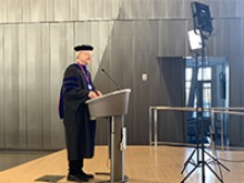 College of Pharmacy Dean Rick Schnellmann, PhD, records his convocation address in the Health Sciences Innovation Building to be used May 15 at  this year’s virtual ceremony. (Photo: UArizona College of Pharmacy/Ali Bridges)
